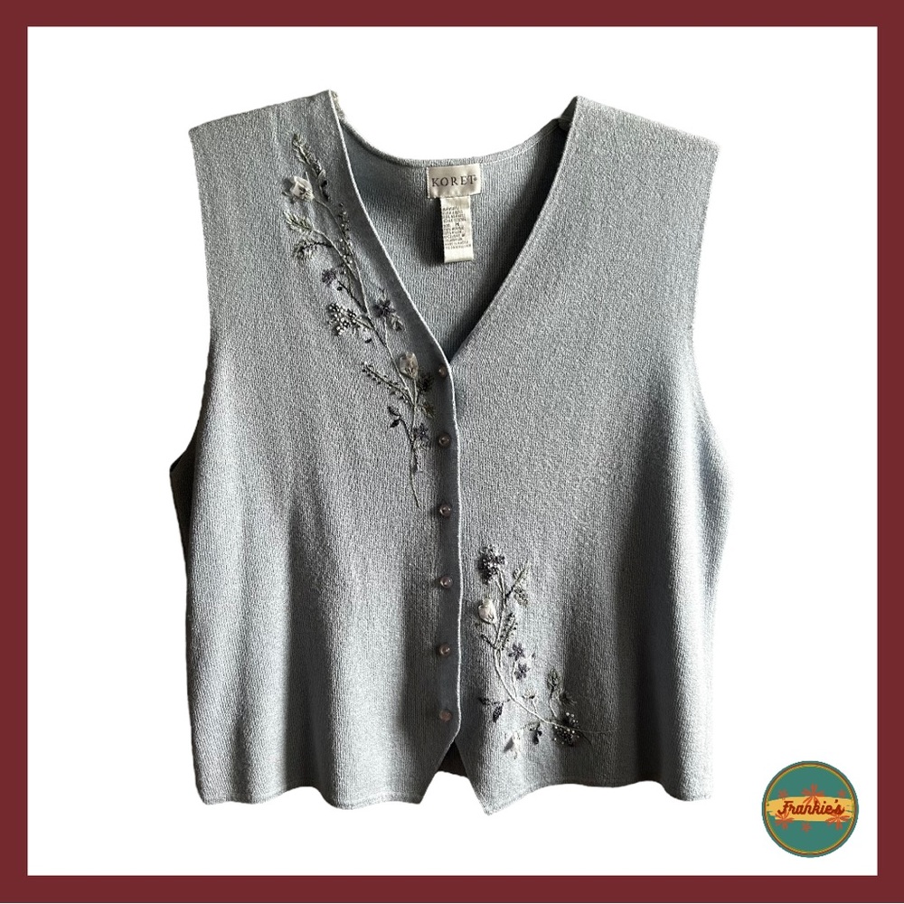 Koret - Blue Button Down Vest Size Med Has Flower Embellishments and Embroidery